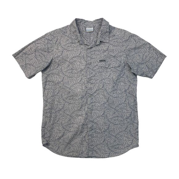 Columbia Shirt Men Medium Grey Leaf Print Active Fit Organic Cotton Short Sleeve - Picture 1 of 9